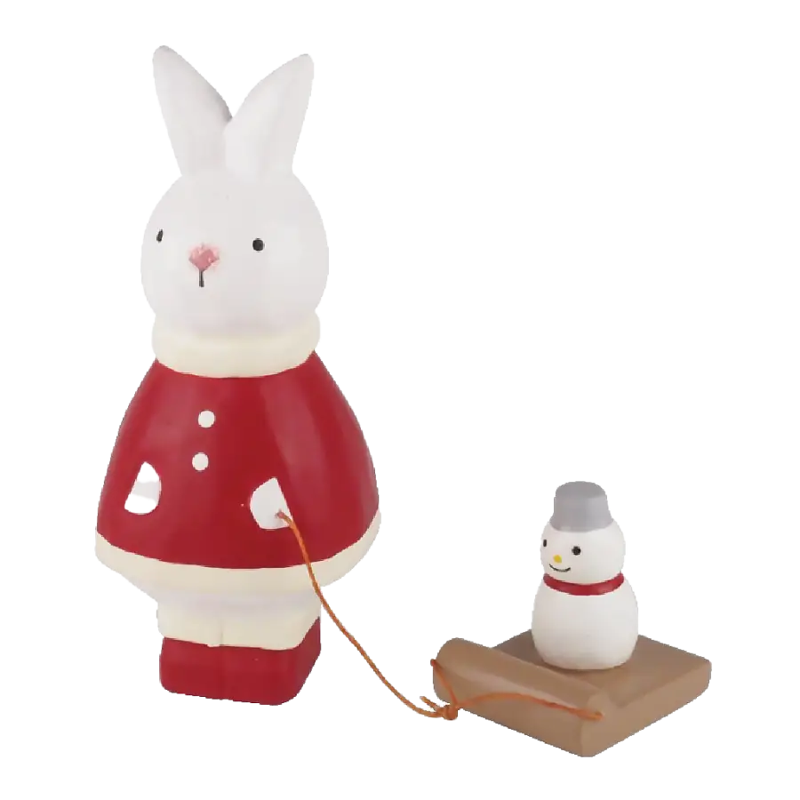 Figurine Lapin de Noël avec Bonhomme de Neige en Bois